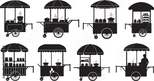 Variety of black silhouette food stalls or carts on white background, vector illustration.