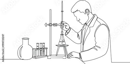 Continuous line drawing of a scientist performing titration in a laboratory representing scientific research chemical analysis and STEM education.