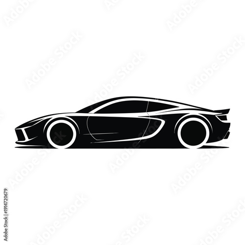 Black silhouette of a modern sports car with sleek lines and aerodynamic design for speed and performance on a transparent background vector illustration