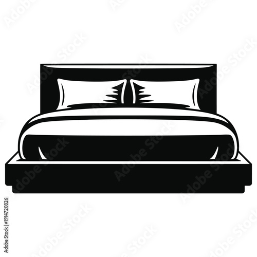 Double bed black silhouette with large headboard pillows and blanket luxurious comfortable furniture icon for bedroom interior design element