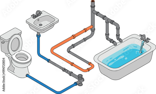 Bathroom plumbing schematic vector illustration, sink toilet bathtub pipe connections, water supply drainage system infrastructure diagram design