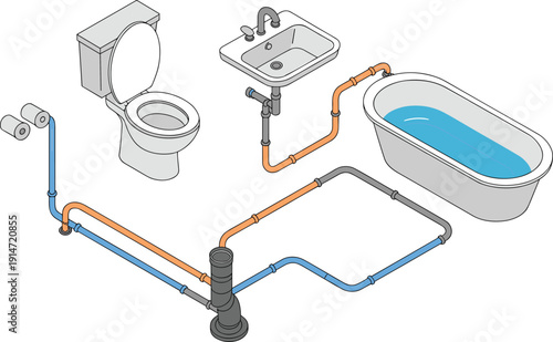 Bathroom plumbing system vector diagram, toilet sink bathtub pipe connections, water supply drainage schematic, sanitation infrastructure illustration design