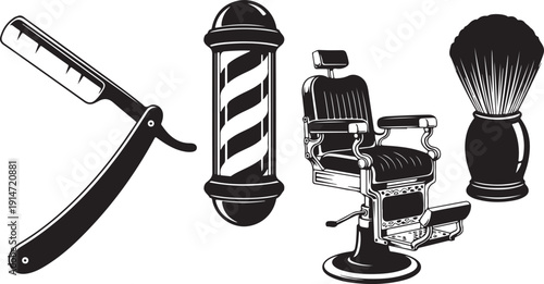 Classic Barber Shop Elements: Razor, Pole, Chair, and Brush - Vintage Style Illustration