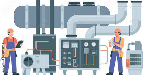 Industrial HVAC maintenance vector illustration, technicians inspecting ventilation system equipment, air conditioning machinery, engineering service infrastructure concept