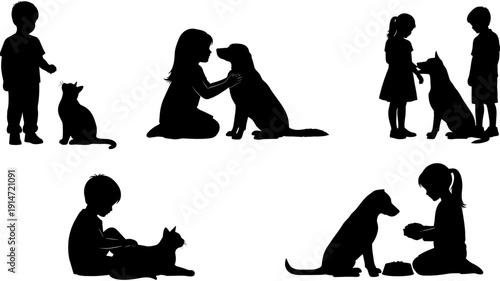Kids and pets silhouette collection, childhood friendship with animals, little boy and girl playing with cat and dog, children vector,
