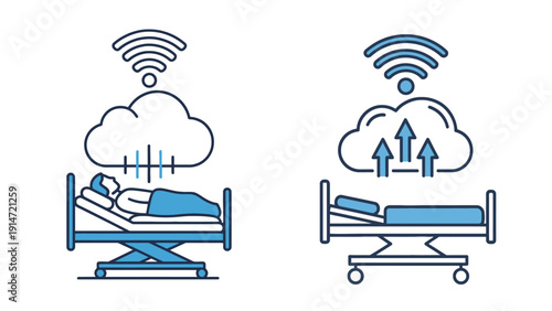 Connected Smart Hospital Beds With Cloud Integration Representing Remote Patient Monitoring, IoT-Enabled Clinical Infrastructure And Telehealth Service Delivery Vector Illustration