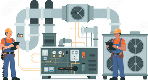 Industrial HVAC system maintenance vector illustration, technicians inspecting ventilation equipment, air conditioning machinery, engineering service infrastructure concept design