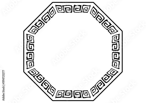 中華風フレーム。筆タッチの手描き雷紋。黒の八角形。