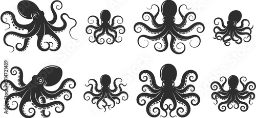 Set of various octopus silhouettes, including multiple tentacles in different swimming and spreading poses, isolated on white background, vector illustration, sea life collection,