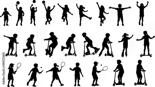 Active children silhouettes set, kids playing sports, riding scooters, jumping, tennis players, childhood fun, outdoor activities, physical education, vector illustration.