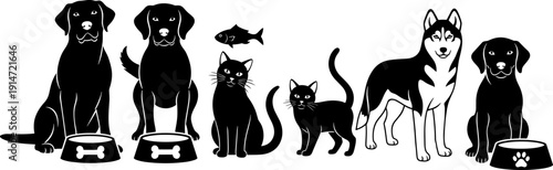 Diverse group of domestic pets silhouettes featuring dogs and cats with food bowls, flat black and white animal icons for veterinary clinic or pet shop,