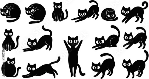 Black cat silhouettes collection with cute cartoon kitten characters in various feline poses, flat animal icons for halloween design and pet lovers vector,