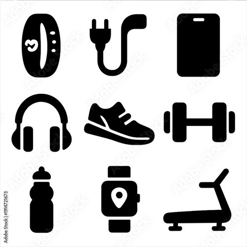 Fitness and tech icons: wearables, gadgets, and exercise equipment
