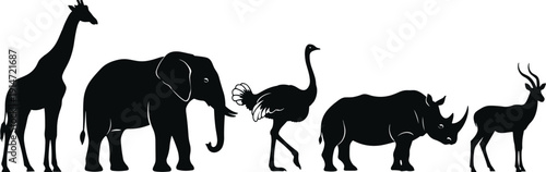 Vector silhouette of wild African animals including giraffe, elephant, ostrich, rhino, and antelope, savanna wildlife collection, isolated black nature icons set.