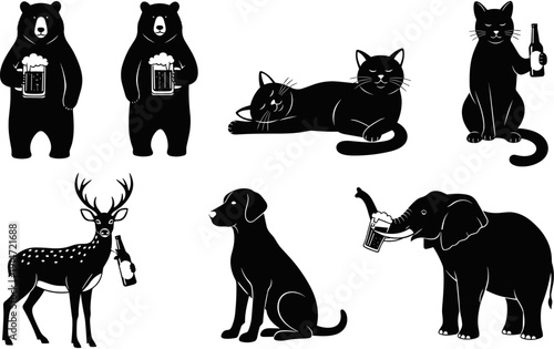Vector silhouette of German Shepherd dog family, adult dogs and puppies, working breed collection, isolated black and white pet illustrations, animal set.