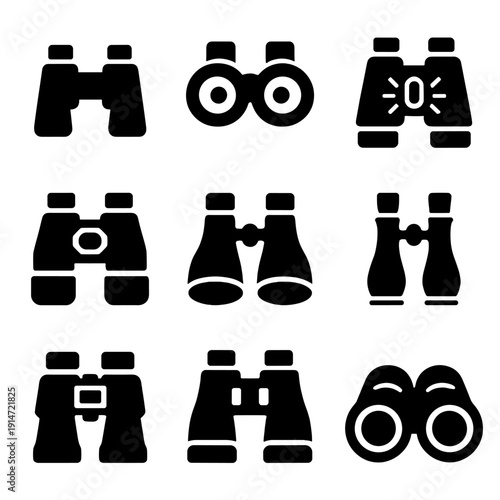 Nine black binocular icons on gray background with various designs and styles