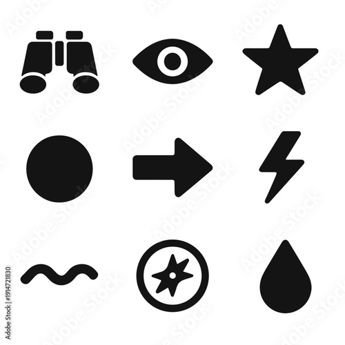 Minimalist icon set featuring eye, star, arrow, and more on dark background