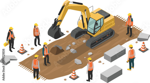 Isometric excavator construction site with workers, heavy machinery, road repair, civil engineering project, infrastructure development, digging operation illustration