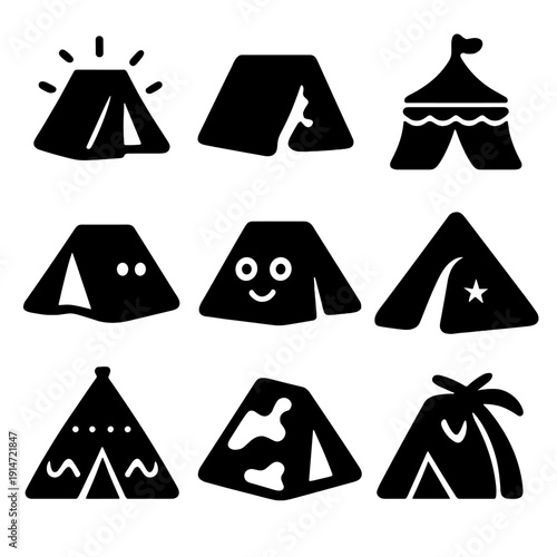 Collection of camping tent icons featuring various unique styles and designs