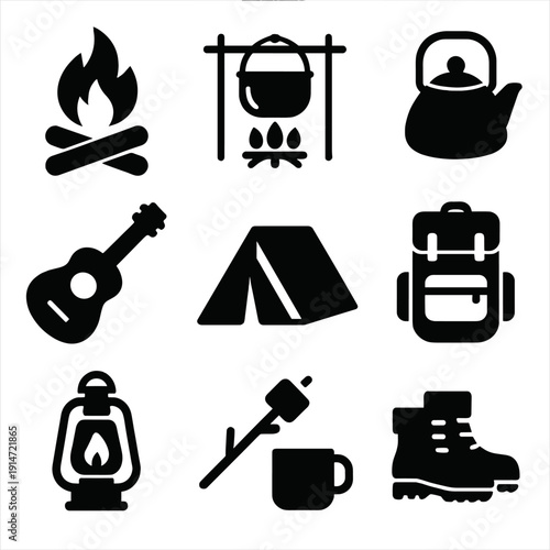 Camping essentials icons: tent, campfire, backpack, lantern, kettle, guitar