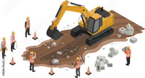 Isometric excavator construction site with workers, heavy equipment, digging process, civil engineering, infrastructure development, roadwork illustration concept