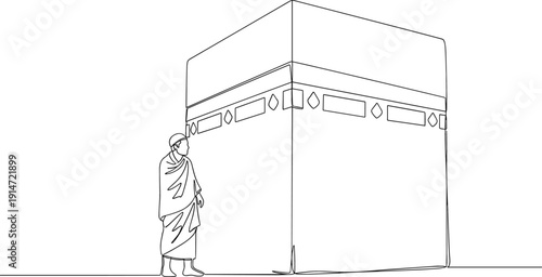 Continuous line drawing of the holy Kaaba in Mecca representing Islamic pilgrimage Hajj Umrah and the spiritual heart of Muslim faith.