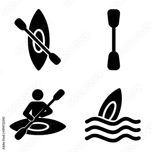 Kayaking adventure icons: paddle, canoe, water, sport, outdoors
