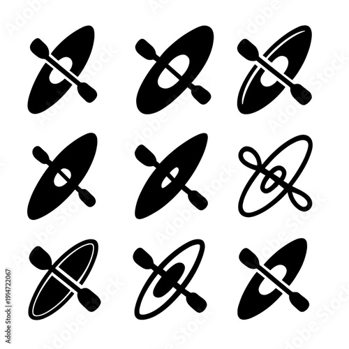 Set of stylized kayak icons on dark background featuring paddles in various positions