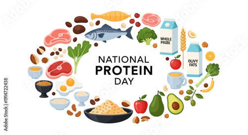 National Protein Day USA illustration with various protein-rich foods for muscle growth and wellness