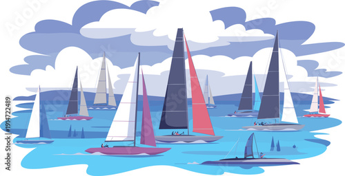 Isometric sailboat regatta illustration with sailing yachts on ocean, marine sport, nautical competition, sea adventure, vector landscape concept