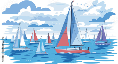Isometric sailboat regatta scene with sailing yachts on ocean, nautical sport, marine adventure, sea race illustration concept