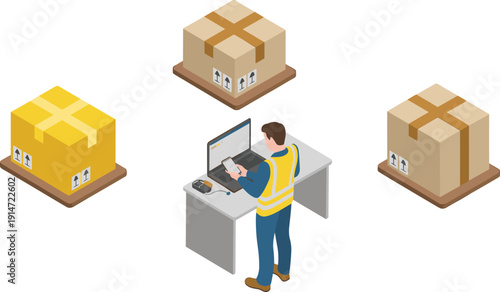 Isometric warehouse logistics worker managing inventory using laptop, barcode scanner, package tracking, supply chain distribution illustration concept