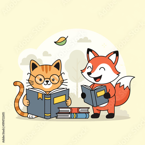 Cartoon Cat and Fox Reading Together