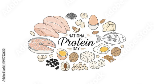 Illustration of various protein-rich foods for National Protein Day, including lean meat, seafood, eggs, dairy products, nuts, beans, and grains.