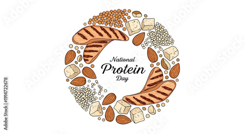 National Protein Day vector illustration featuring various high protein foods for muscle growth and wellness in America.