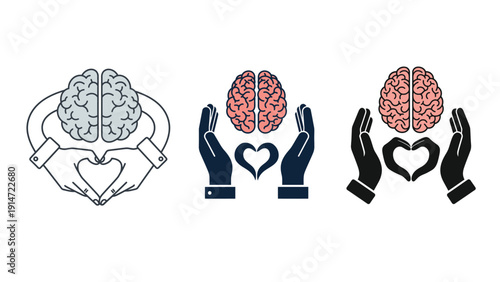 Hands Supporting Brain Icons Representing Cognitive Care, Mental Health Support, Neurodiversity Advocacy And Community Wellbeing Program Visuals Vector Illustration