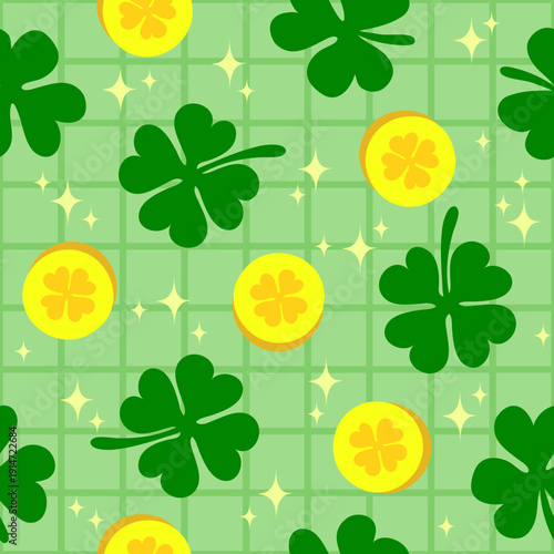 Shiny lucky clover and gold coin seamless pattern