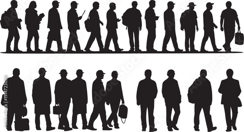 Silhouettes of people walking in various business attire styles