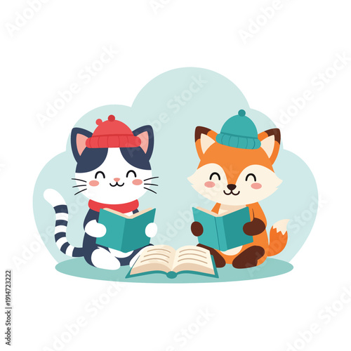 Cat and Fox Reading Together
