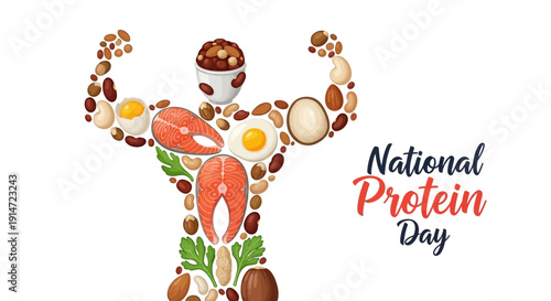 Illustration of a muscular figure made from various high-protein foods for National Protein Day in the USA