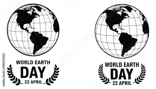 World earth day globe and laurel wreath icons