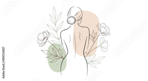 Minimalist Female Back Silhouette with Floral Botanical Line Art Illustration