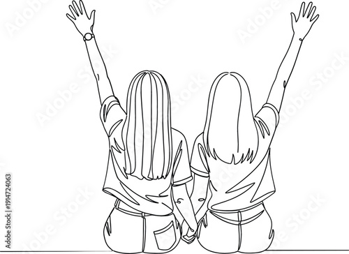 Continuous one line drawing of two young women sitting together holding hands and raising arms in celebration