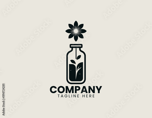 Black vector logo depicting a stylized glass bottle with a single flower growing from the opening