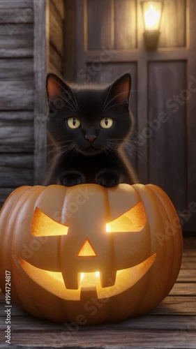 3D scene of a black kitten sitting inside a carved pumpkin on a rustic wooden porch, warm ca
