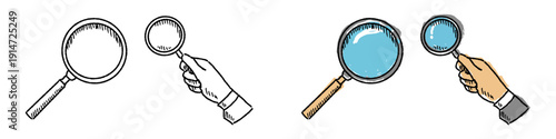 Set editable sketch drawing magnifying glass vector for casual search branding. Ideal for informal detective blogs and creative exploration graphics. Symbolizes artistic curiosity and finding details.