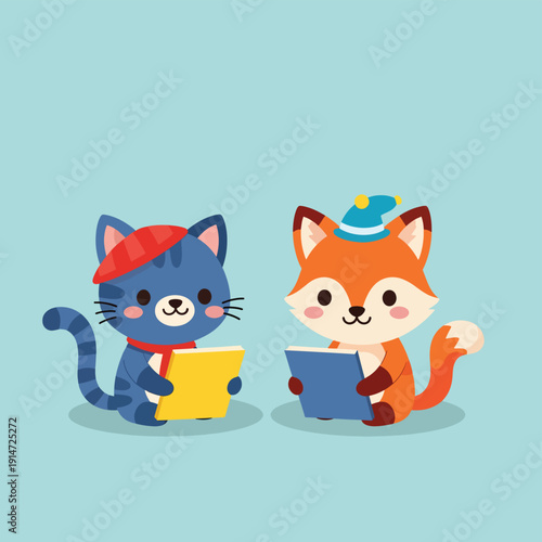 Cat and Fox Reading Together