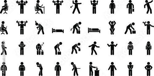 Black silhouette human activity icon set with working, exercising, sleeping, cleaning and daily routine pictograms