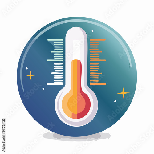 Graphic illustration of a thermometer on a blue globe with temperature scales and sparkles on a white background.