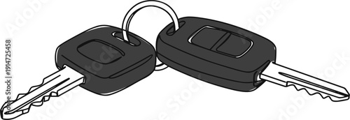 Line drawing of two car keys on a keyring with a black color, isolated on transparent background